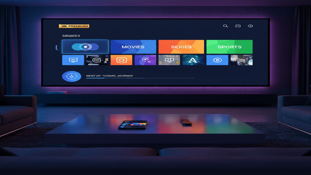 Un écran de Smart TV affichant un menu pour un abonnement IPTV 4K