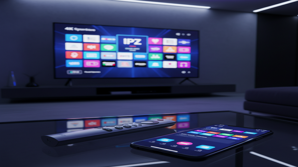 Guide illustrant comment installer un abonnement IPTV sur une Smart TV avec des logos d'applications