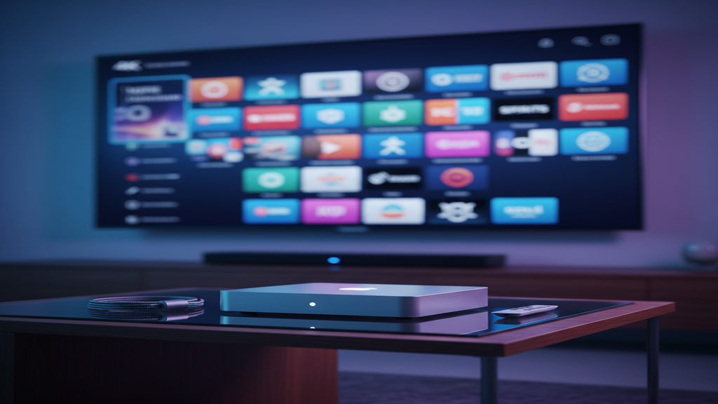 Un décodeur IPTV posé à côté d'une télécommande sur une table en bois