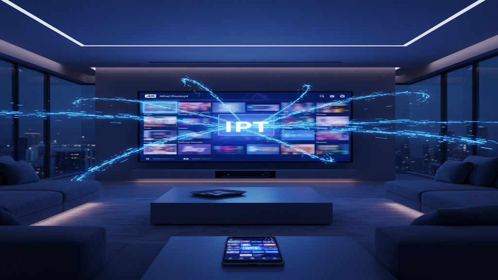 Schéma explicatif de la technologie IPTV Internet Protocol avec des icônes de serveur, de globe terrestre et de télévision