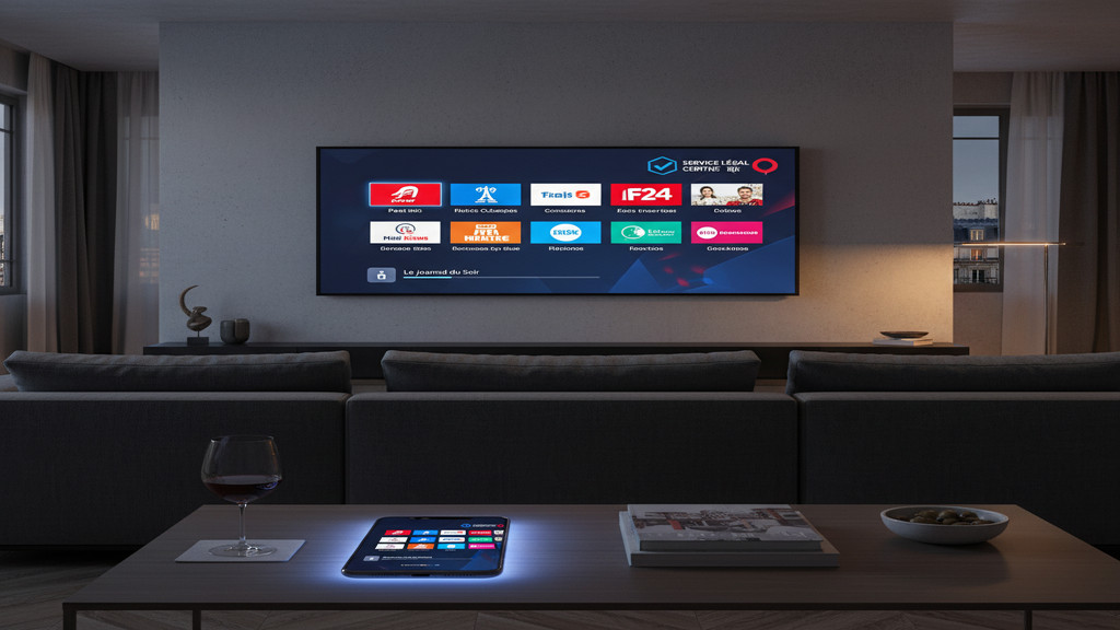 Illustration sur la légalité de l'IPTV en France avec des symboles de loi et de streaming
