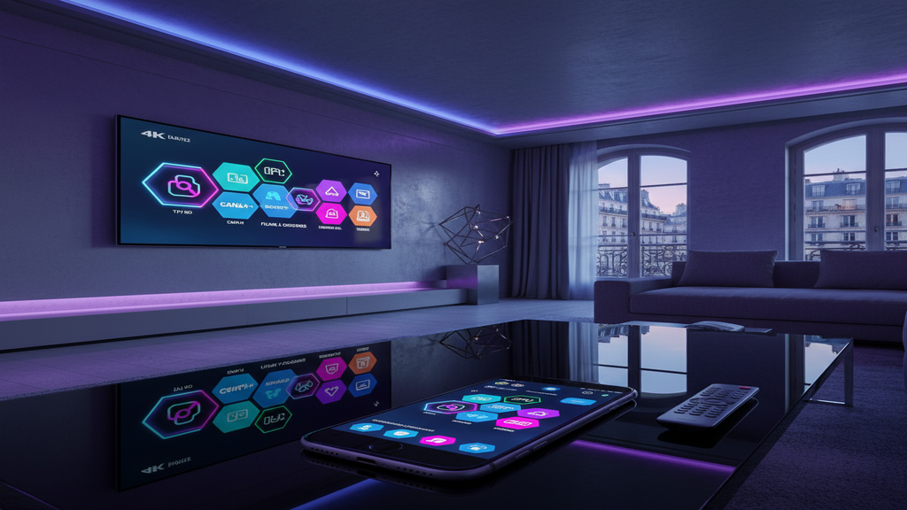 Un écran de Smart TV affichant une mosaïque de chaînes pour illustrer les meilleures offres d'abonnement IPTV en France.