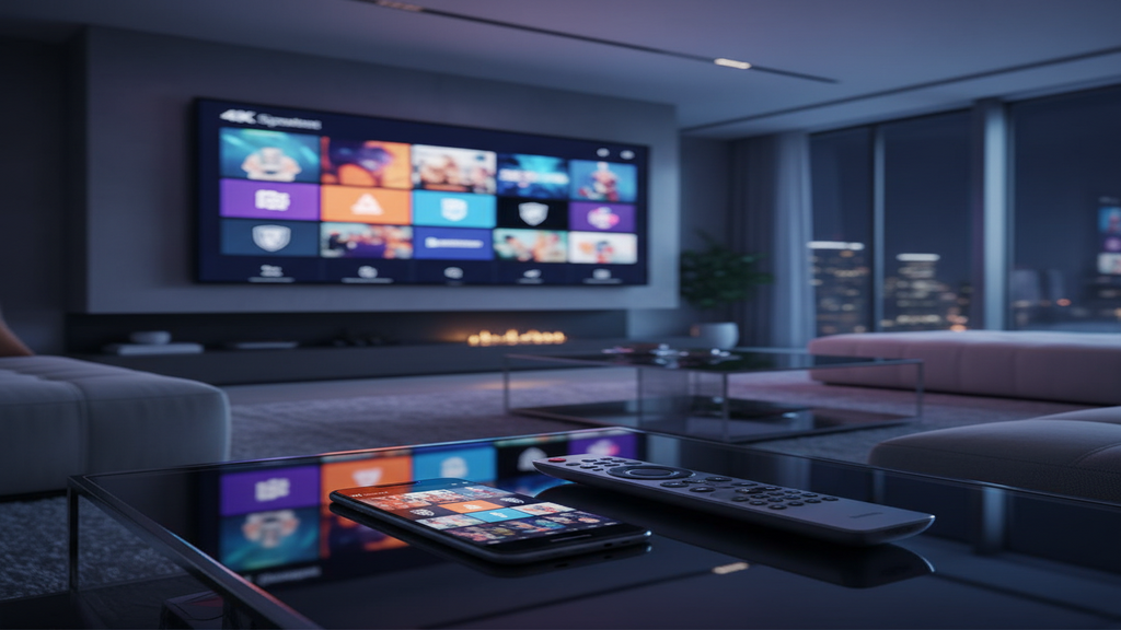 Un écran de télévision affichant une interface de premium IPTV TV avec de nombreuses chaînes disponibles